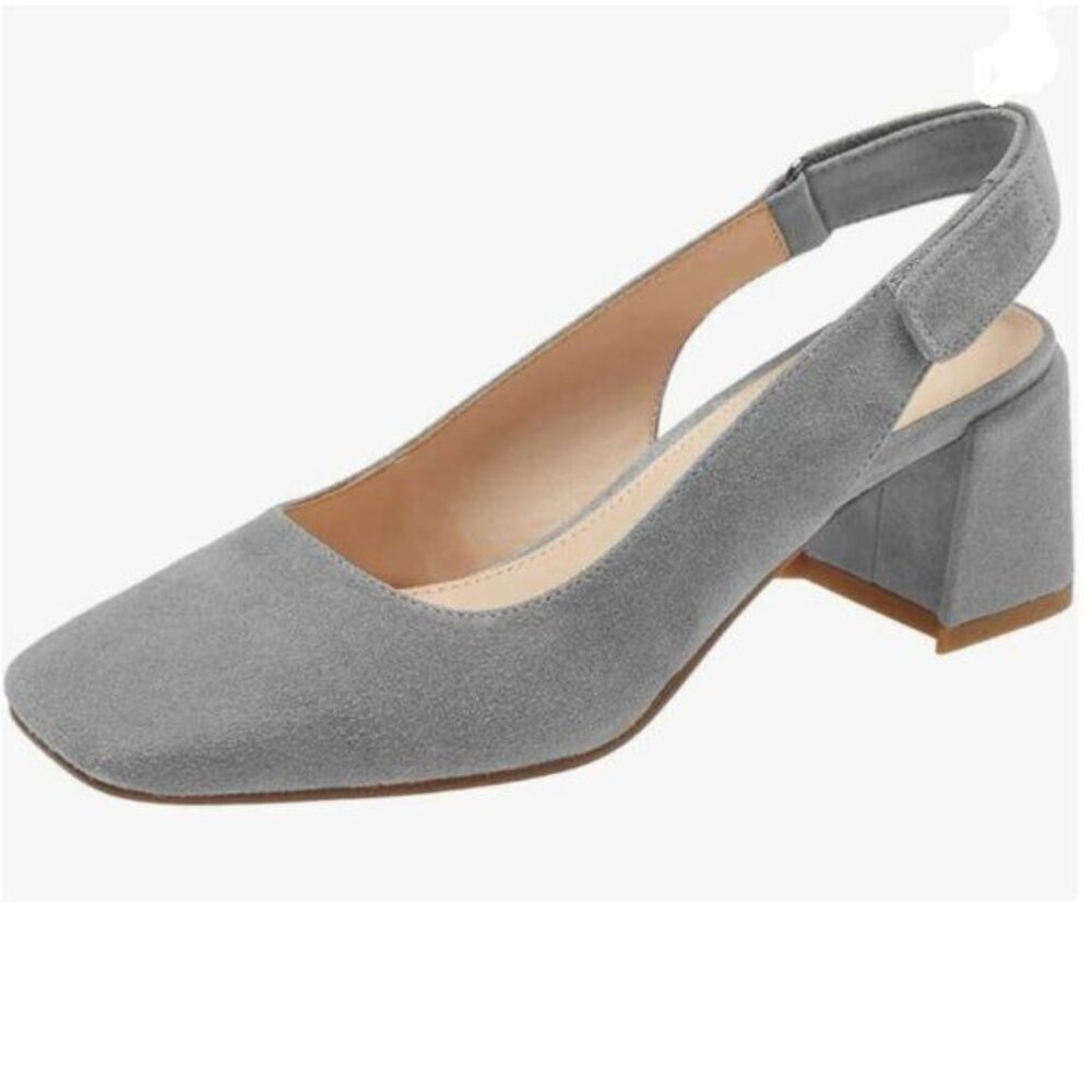 YDN Grey Slingback Adjustable Slip On Strappy Block Heels Pumps Square Toe Shoes